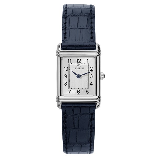 Michel Herbelin Art Deco quartz watch silver dial Arabic numerals blue leather strap 20,30 x 24,40 mm 17478/22BL