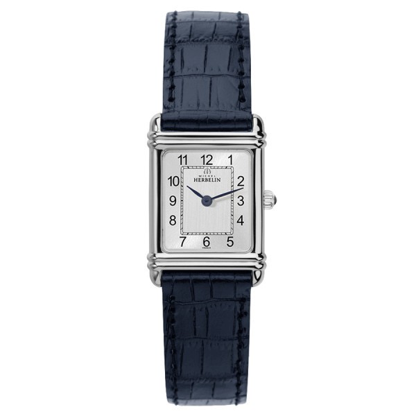 Montre Michel Herbelin Art Déco quartz cadran argent index chiffres arabes bracelet cuir bleu 20,30 x 24,40 mm 17478/22BL