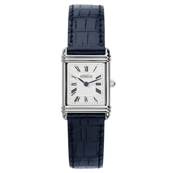 Michel Herbelin Art Deco quartz watch silver dial index Roman numerals blue leather strap 20,30 x 24,40 mm 17478/08BL