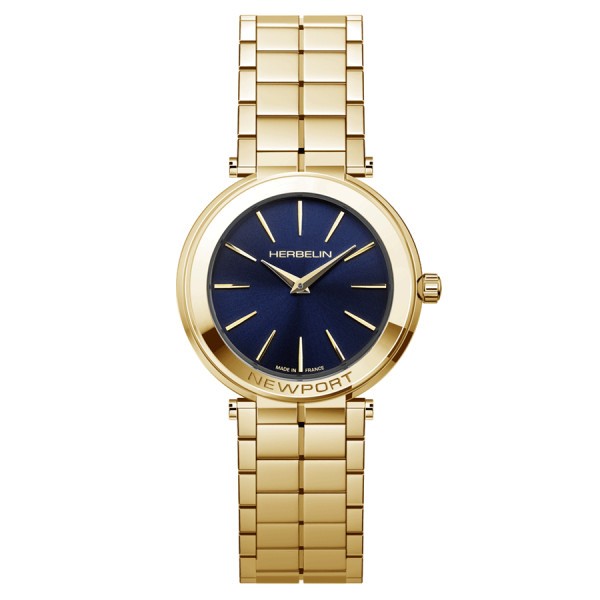 Montre Michel Herbelin Newport Slim quartz cadran bleu bracelet acier PVD Or jaune 32 mm 16922/BP15