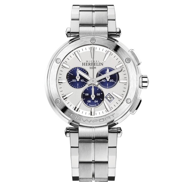 Montre Michel Herbelin Newport Chrono quartz cadran argent bracelet acier 43 mm 37688/B42