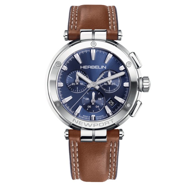 Michel Herbelin Newport Chrono quartz watch blue dial brown leather strap 40,5 mm 37658/AP15GON