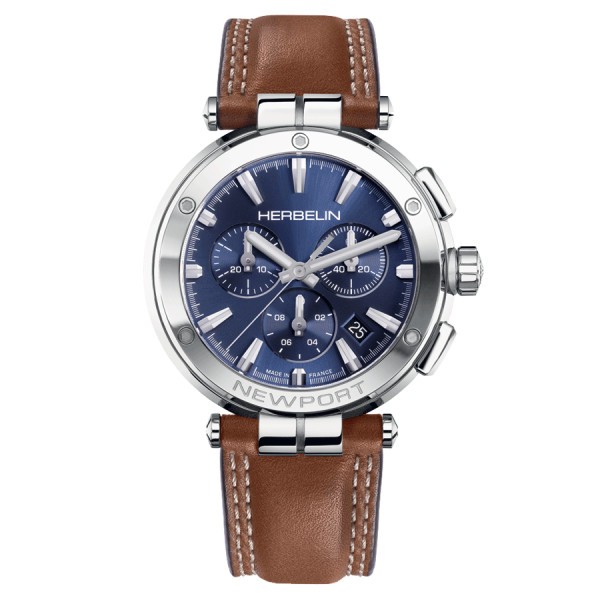 Montre Michel Herbelin Newport Chrono quartz cadran bleu bracelet cuir marron 40,5 mm 37658/AP15GON