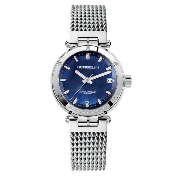 Michel Herbelin Newport automatic watch blue dial steel bracelet Milanese mesh 35 mm 1658/90B