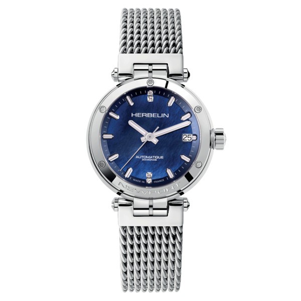 Montre Michel Herbelin Newport automatique cadran bleu bracelet acier maille milanaise 35 mm 1658/90B