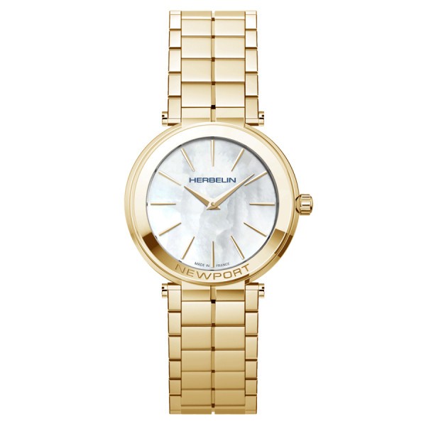 Michel Herbelin Newport Slim quartz watch white mother-of-pearl dial steel bracelet PVD yellow gold 32 mm