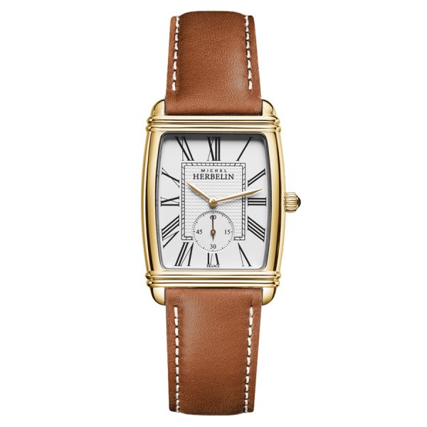 Michel Herbelin Art Deco PVD Yellow gold quartz watch Roman numerals white dial brown leather strap 30 x 35,50 mm