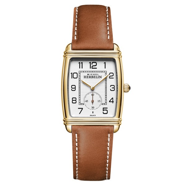 Michel Herbelin Art Deco watch PVD Yellow gold quartz indexes Arabic numerals white dial brown leather strap 30 x 35,50 mm