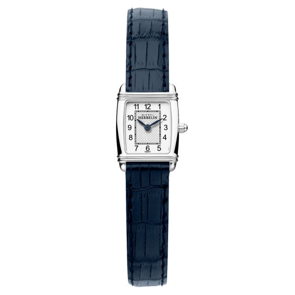 Michel Herbelin Art Deco quartz watch silver dial Arabic numerals blue leather strap 17,80 x 19,40 mm