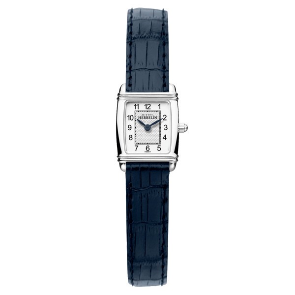 Montre Michel Herbelin Art Déco quartz cadran argent index chiffres arabes bracelet cuir bleu 17,80 x 19,40 mm 17438/22BL