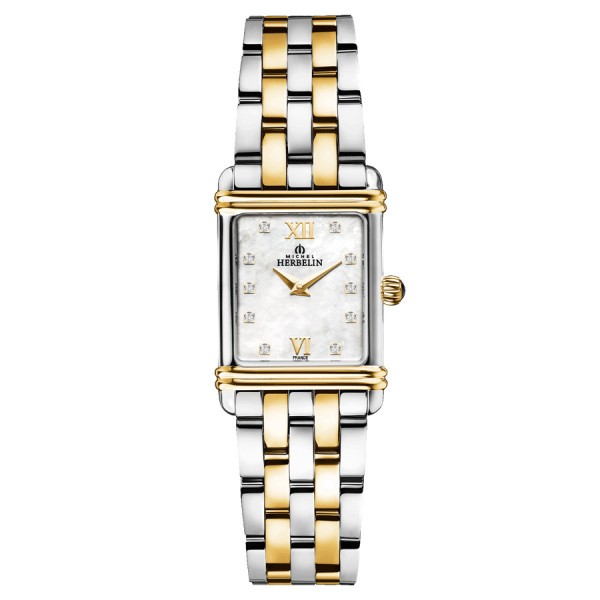 Michel Herbelin Art Deco quartz watch white mother-of-pearl dial diamond markers steel bracelet and PVD yellow gold 20,30 x 24,4