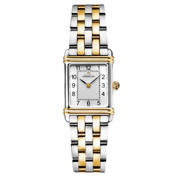 Michel Herbelin Art Deco quartz watch silver dial Arabic numerals steel bracelet and yellow gold PVD 20,30 x 24,40 mm