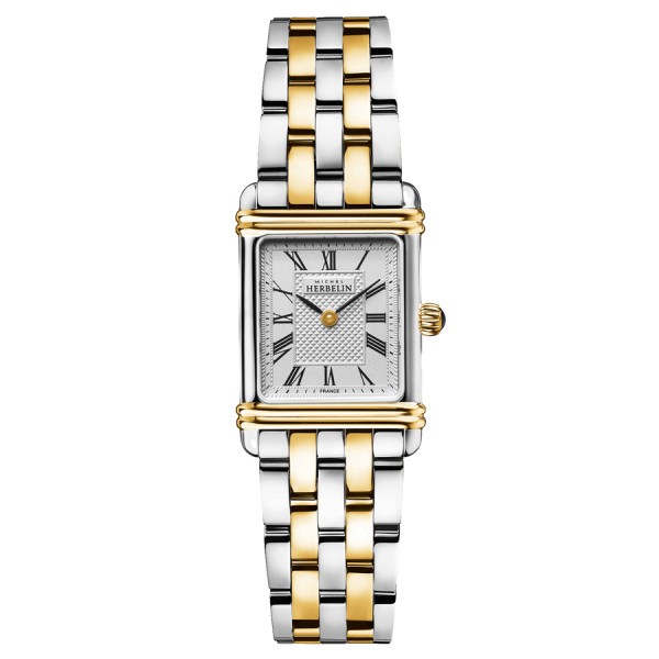 Michel Herbelin Art Deco quartz watch silver dial index Roman numerals steel bracelet and PVD yellow gold 20,30 x 24,40 mm
