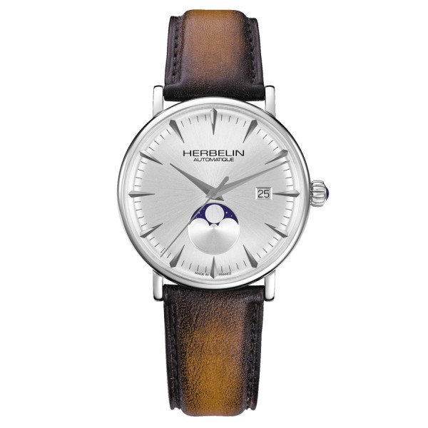 Michel Herbelin Inspiration Limited Edition 500 pieces automatic watch silver dial brown veined leather strap 40 mm