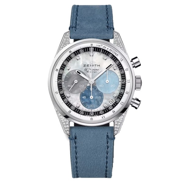 Zenith Chronomaster Original El Primero Diamonds watch mother of pearl dial blue leather strap 38 mm 16.3200.3600/02.C907