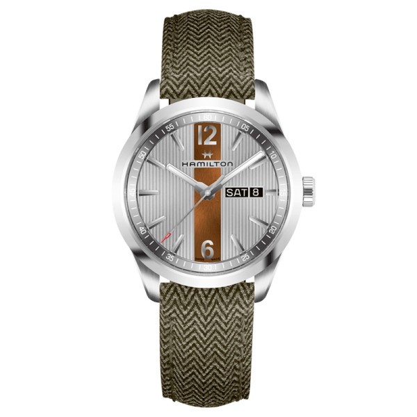 Montre Hamilton Broadway Day Date cadran argenté bracelet textile vert olive 40 mm - SOLDAT PL