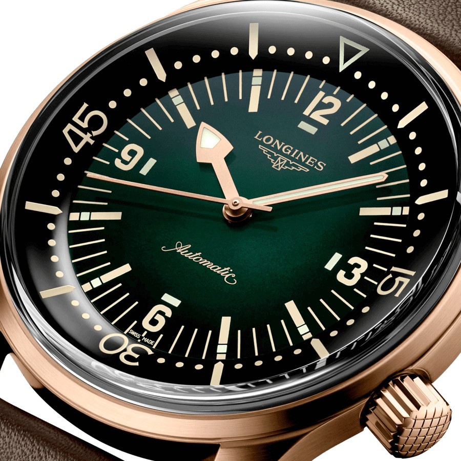 Longines Heritage Legend Diver Bronze automatic watch green dial brown leather strap 42 mm L3.774.1.50.2