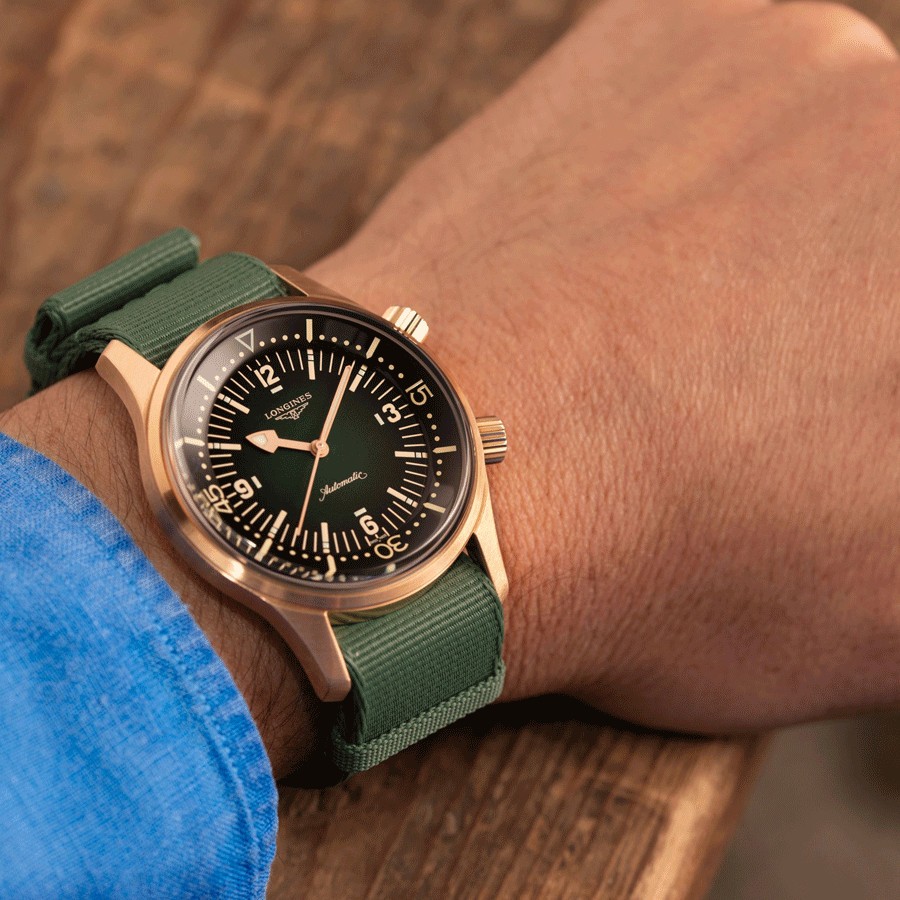 Longines Heritage Legend Diver Bronze automatic watch green dial brown leather strap 42 mm L3.774.1.50.2