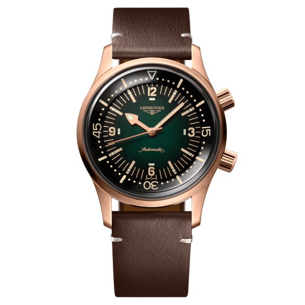 Longines Heritage Legend Diver Bronze automatic watch green dial brown leather strap 42 mm L3.774.1.50.2
