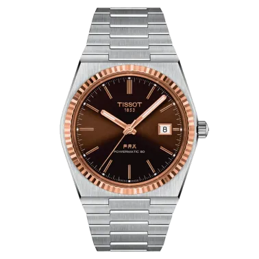 Montre Tissot T-Gold PRX Powermatic 80 or et acier automatique cadran marron bracelet acier 40 mm T931.407.41.291.00