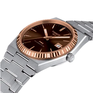 Montre Tissot T-Gold PRX Powermatic 80 or et acier automatique cadran marron bracelet acier 40 mm T931.407.41.291.00