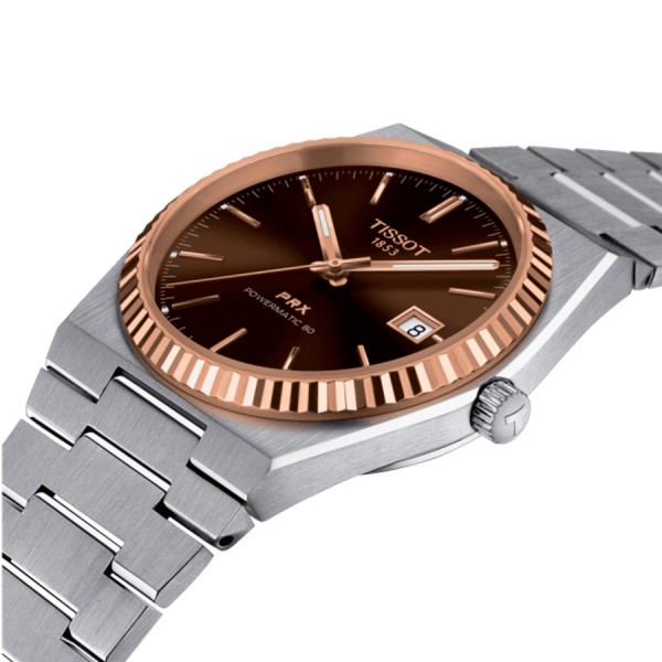 Montre Tissot T-Gold PRX Powermatic 80 or et acier automatique cadran marron bracelet acier 40 mm T931.407.41.291.00