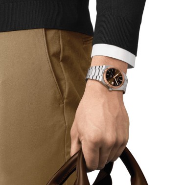 Montre Tissot T-Gold PRX Powermatic 80 or et acier automatique cadran marron bracelet acier 40 mm T931.407.41.291.00