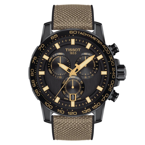 Montre Tissot Supersport Chrono quartz cadran noir bracelet caoutchouc beige 45,5 mm T125.617.37.051.01