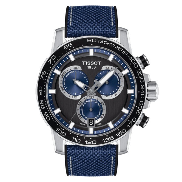 Montre Tissot Supersport Chrono quartz cadran noir bracelet tissu bleu 45,5 mm T125.617.17.051.03