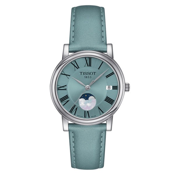 Montre Tissot T-Classic Carson Premium Lady Moonphase quartz cadran bleu bracelet cuir bleu 32 mm