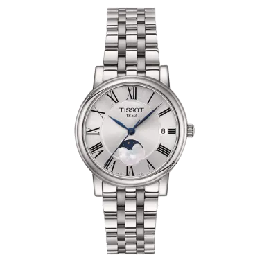 Montre Tissot T-Classic Carson Premium Lady Moonphase quartz cadran argent bracelet acier 32 mm T122.223.11.033.00