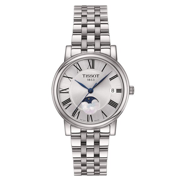 Montre Tissot T-Classic Carson Premium Lady Moonphase quartz cadran argent bracelet acier 32 mm T122.223.11.033.00