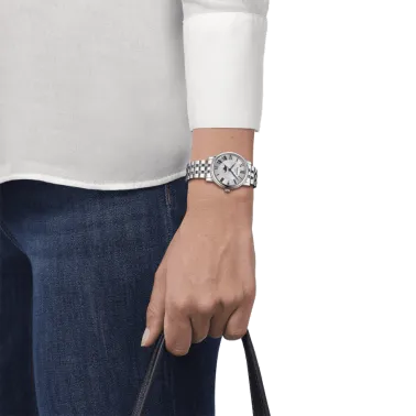 Montre Tissot T-Classic Carson Premium Lady Moonphase quartz cadran argent bracelet acier 32 mm T122.223.11.033.00