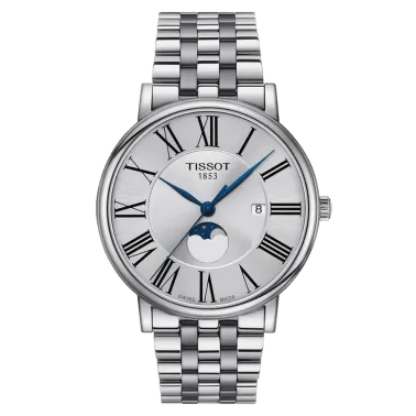 Montre Tissot T-Classic Carson Premium Gent Moonphase quartz cadran argent bracelet acier 40 mm T122.423.11.033.00