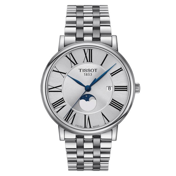 Montre Tissot T-Classic Carson Premium Gent Moonphase quartz cadran argent bracelet acier 40 mm T122.423.11.033.00