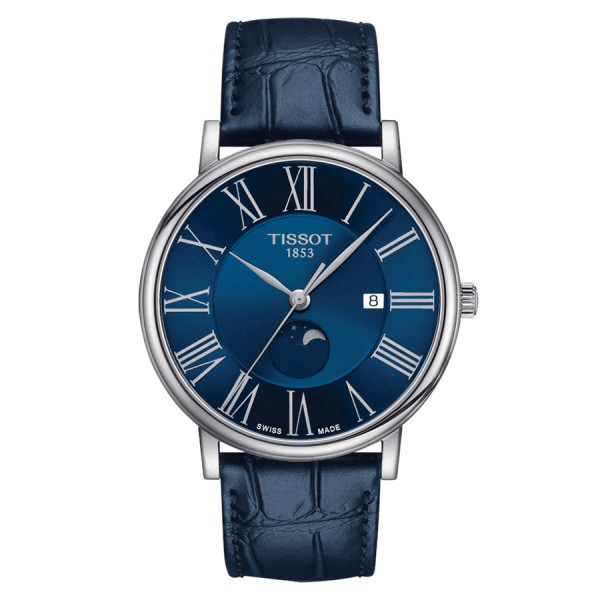 Montre Tissot T-Classic Carson Premium Gent Moonphase quartz cadran bleu bracelet cuir bleu 40 mm T122.423.16.043.00