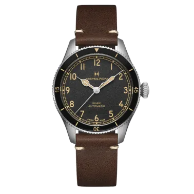 Montre Hamilton Pilot Pioneer Auto automatique cadran noir bracelet cuir marron 38 mm H76205530