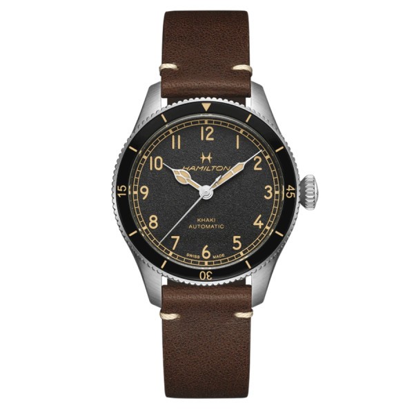 Montre Hamilton Pilot Pioneer Auto automatique cadran noir bracelet cuir marron 38 mm