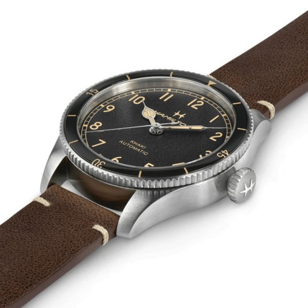 Montre Hamilton Pilot Pioneer Auto automatique cadran noir bracelet cuir marron 38 mm