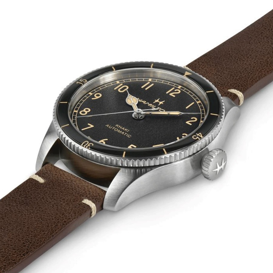 Montre Hamilton Pilot Pioneer Auto automatique cadran noir bracelet cuir marron 38 mm