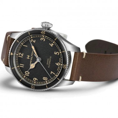 Montre Hamilton Pilot Pioneer Auto automatique cadran noir bracelet cuir marron 38 mm H76205530