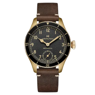 Montre Hamilton Pilot Pioneer Petite Seconde Mechanical bronze mécanique cadran noir bracelet cuir marron 43 mm