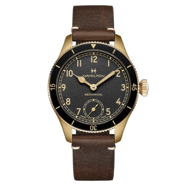Montre Hamilton Pilot Pioneer Petite Seconde Mechanical bronze mécanique cadran noir bracelet cuir marron 43 mm