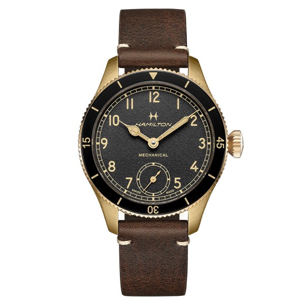 Montre Hamilton Pilot Pioneer Petite Seconde Mechanical bronze mécanique cadran noir bracelet cuir marron 43 mm