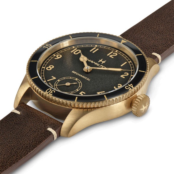Montre Hamilton Pilot Pioneer Petite Seconde Mechanical bronze mécanique cadran noir bracelet cuir marron 43 mm