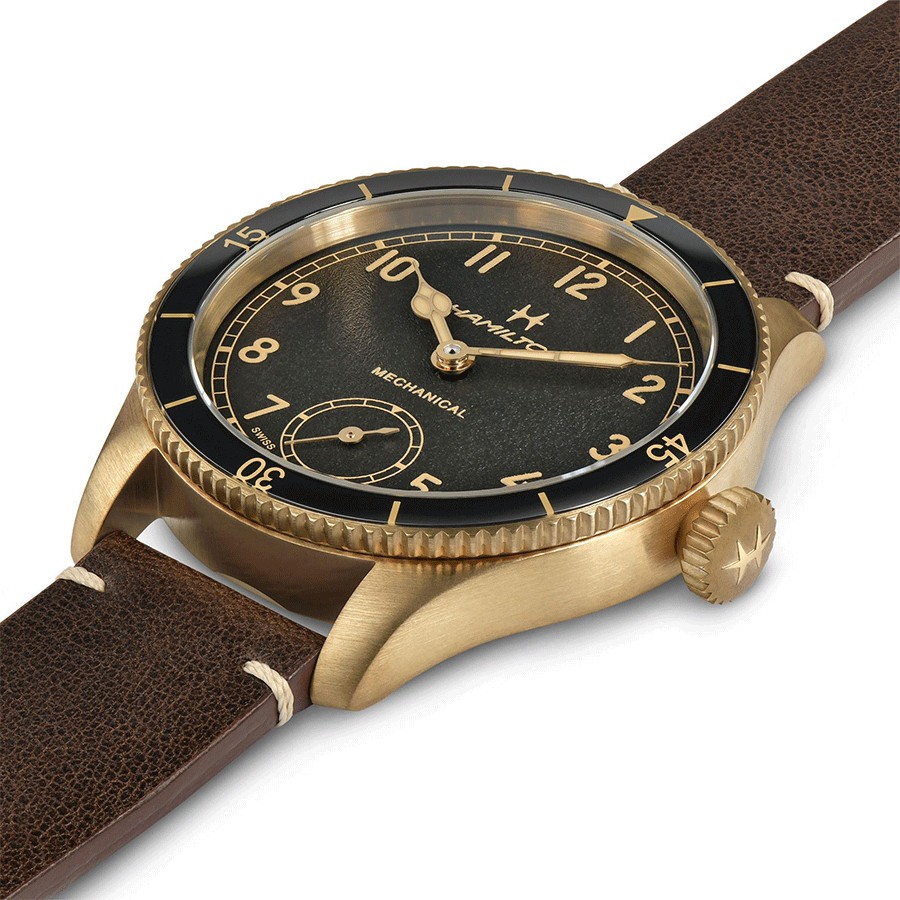 Montre Hamilton Pilot Pioneer Petite Seconde Mechanical bronze mécanique cadran noir bracelet cuir marron 43 mm