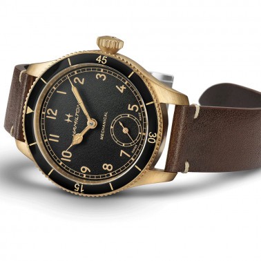 Montre Hamilton Pilot Pioneer Petite Seconde Mechanical bronze mécanique cadran noir bracelet cuir marron 43 mm