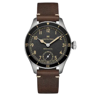 Montre Hamilton Pilot Pioneer Petite Seconde Mechanical mécanique cadran noir bracelet cuir marron 43 mm