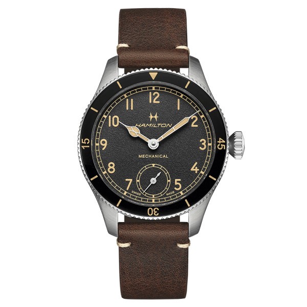 Montre Hamilton Pilot Pioneer Petite Seconde Mechanical mécanique cadran noir bracelet cuir marron 43 mm