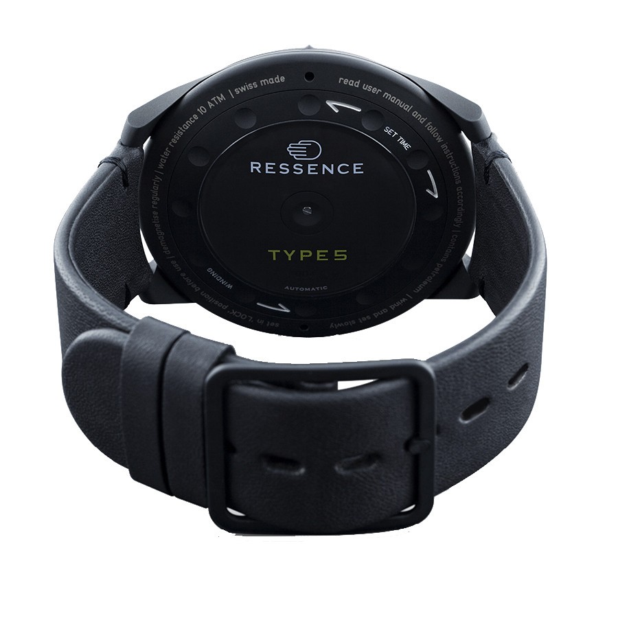 Ressence Type 5 BB automatic titanium black DLC watch black dial black leather strap 45 mm